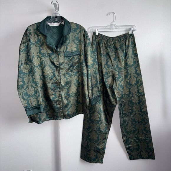 Vtg 90's Victoria’s Secret Y2K Green Gold Paisley Silky Pajama Set Size Small - Picture 1 of 12
